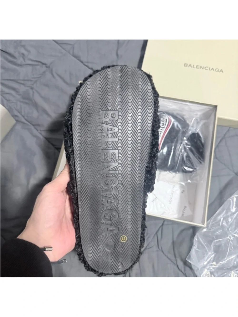 Balenciaga Black Fleece Slide with Red & White Logo - Picture 3 of 3